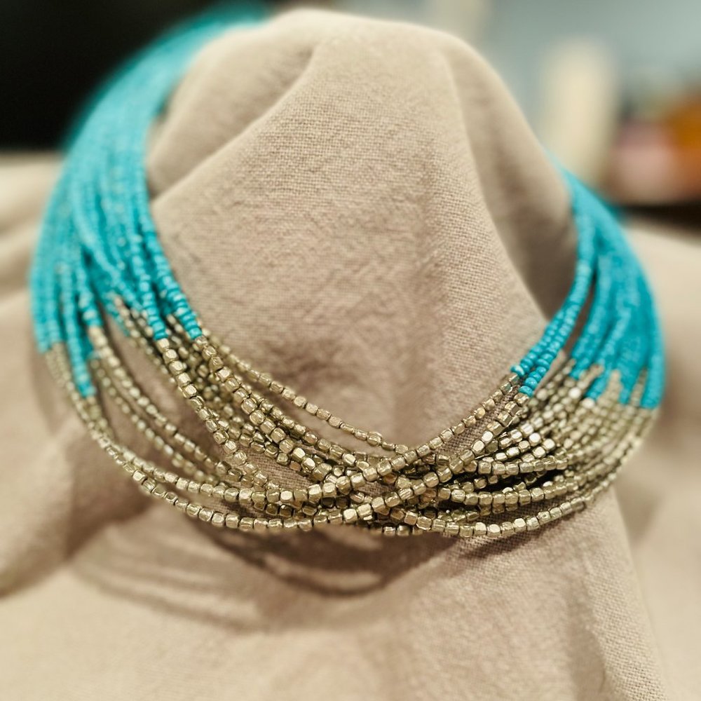 Turquoise and silver breaded necklace